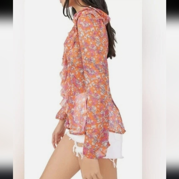 New Free People Floral Ruffle Blouse - Pink and Orange - Picture 4 of 12